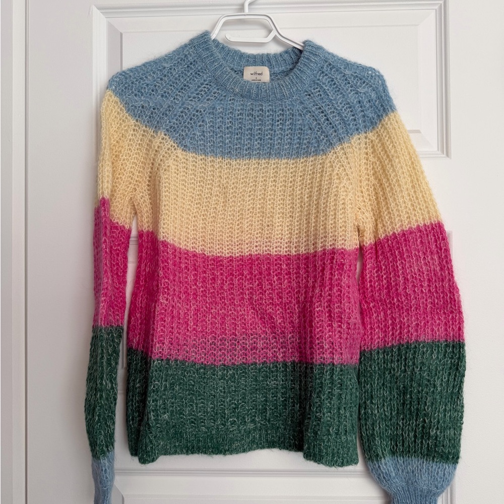 Aritzia Wilfred Striped Crewneck Sweater in Blue, Cream, Pink & Green, Small